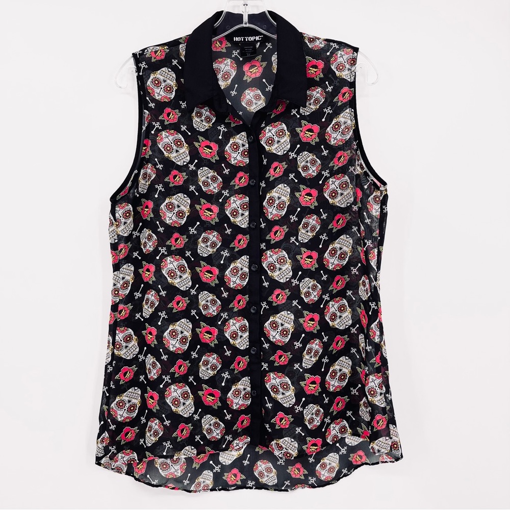 Hot Topic Sleeveless Sheer Skulls Floral Print Buttoned Top